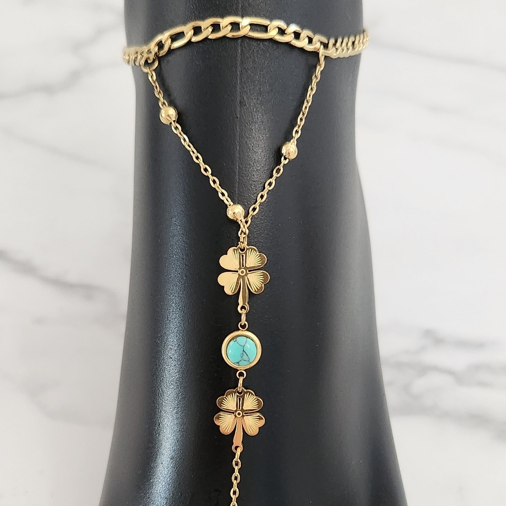 ​Y2K Gold Double Layer Foot Anklet Turquoise Clover Barefoot Chain Sandal - Picture 4 of 12